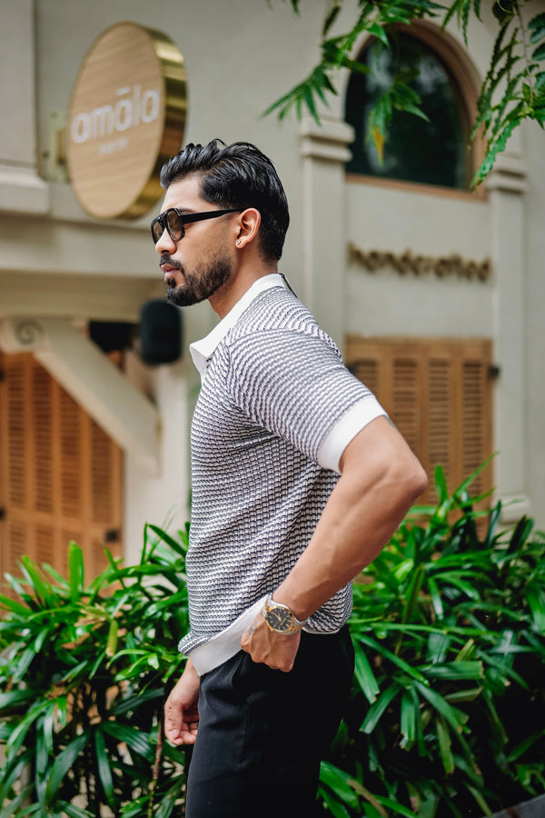 Vellin White With Blue Knitted Cotton Polo T-Shirt