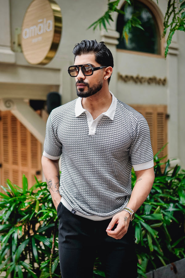 Vellin White With Blue Knitted Cotton Polo T-Shirt