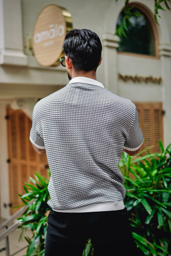 Vellin White With Blue Knitted Cotton Polo T-Shirt