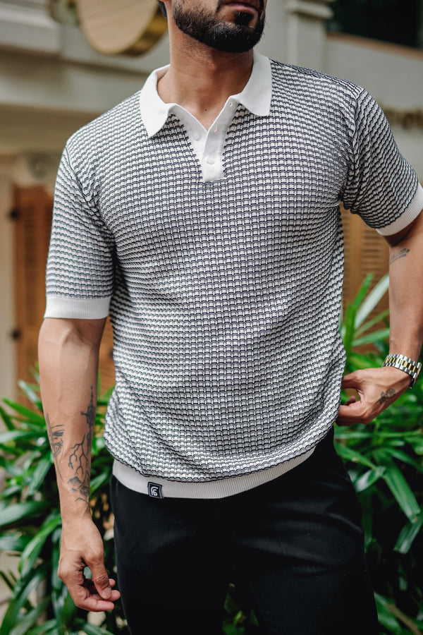 Vellin White With Blue Knitted Cotton Polo T-Shirt