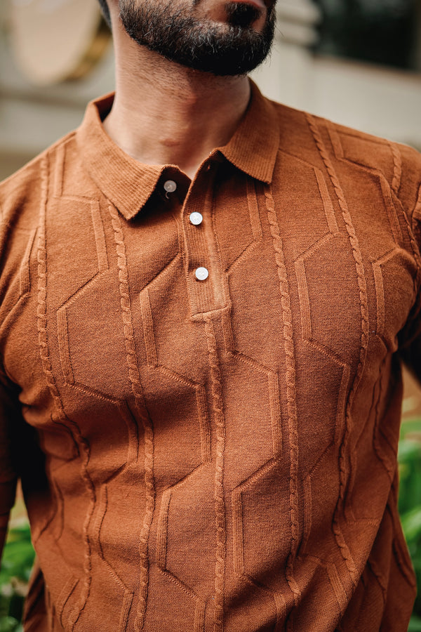 Men's Molassa Brown Knitted Cotton Polo T-Shirt