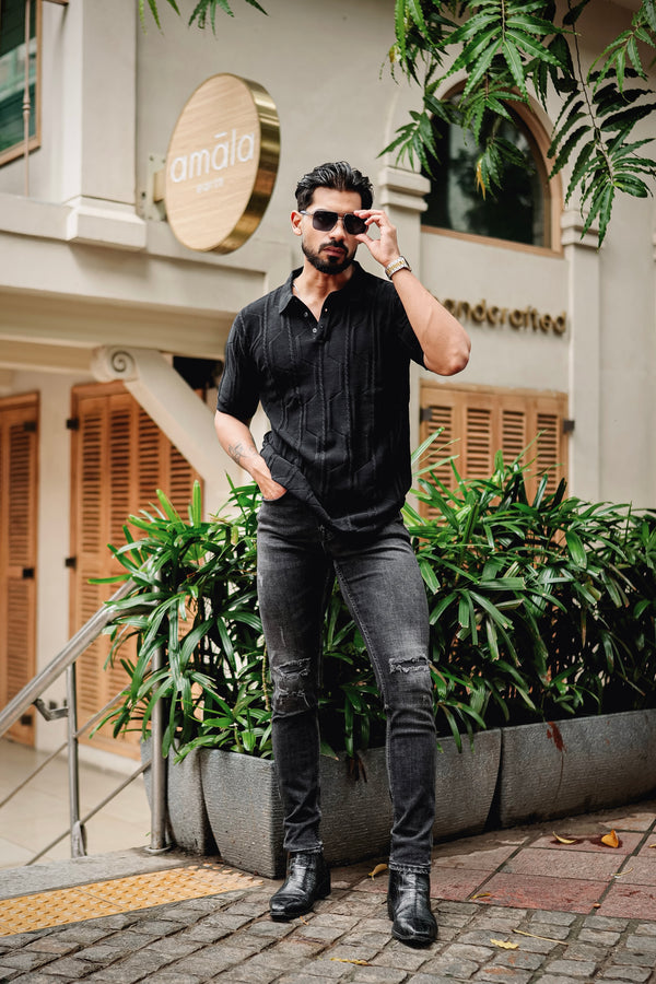Molassa Black Knitted Cotton Polo T-Shirt
