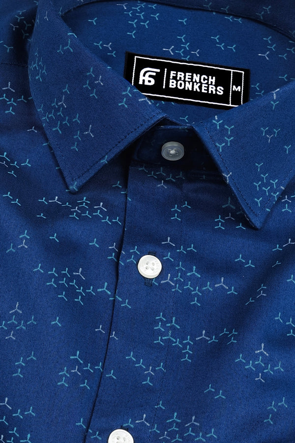 Royal blue windmill printed cotton shirt