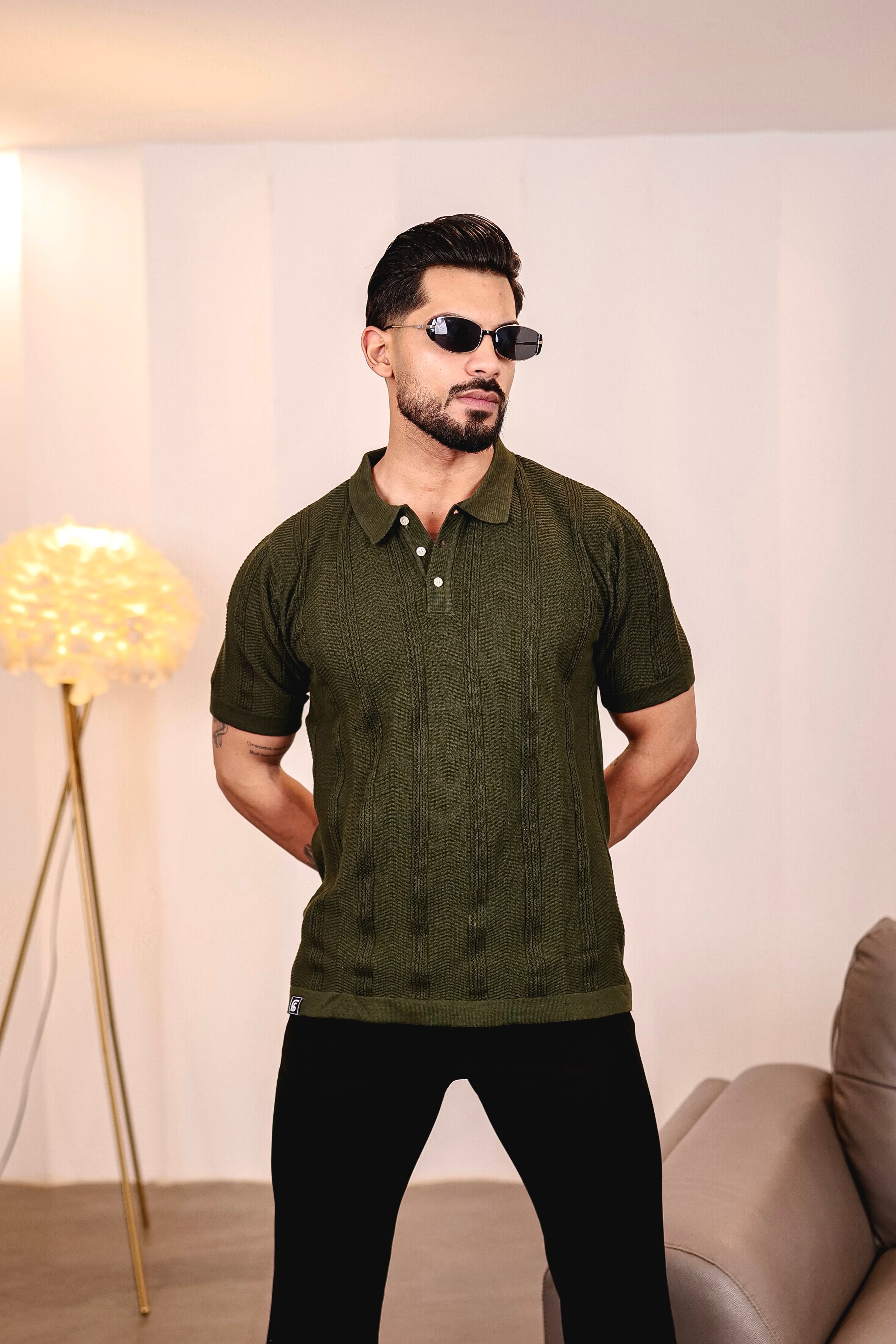 Beern Deep Olive Knitted Cotton Polo T-Shirt