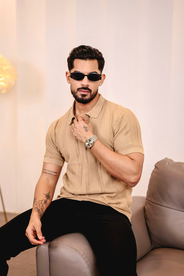Beern Khaki Cream Knitted Cotton Polo T-Shirt