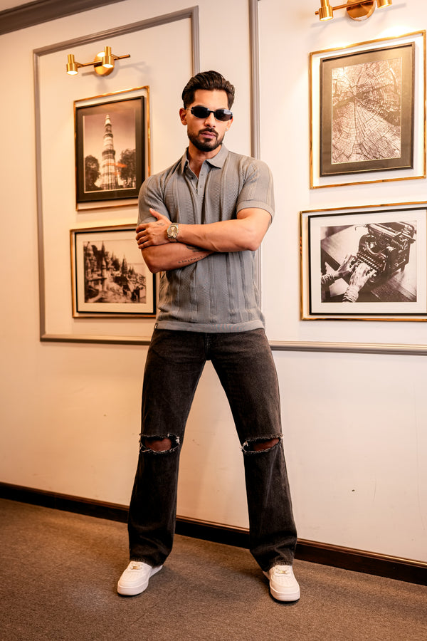 Beern Dark Grey Knitted Cotton Polo T-Shirt