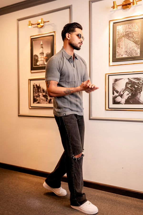 Beern Dark Grey Knitted Cotton Polo T-Shirt