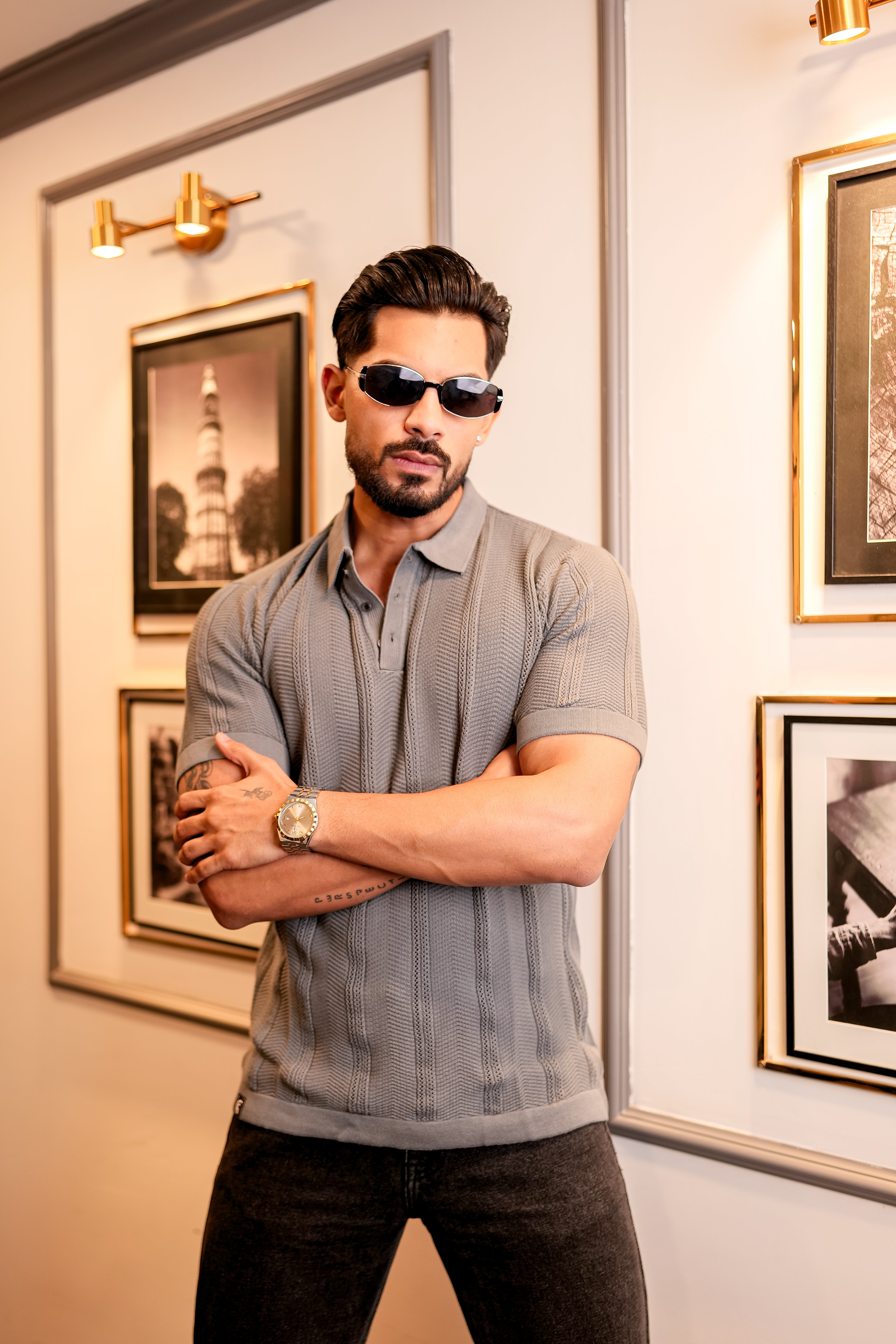 Beern Dark Grey Knitted Cotton Polo T-Shirt