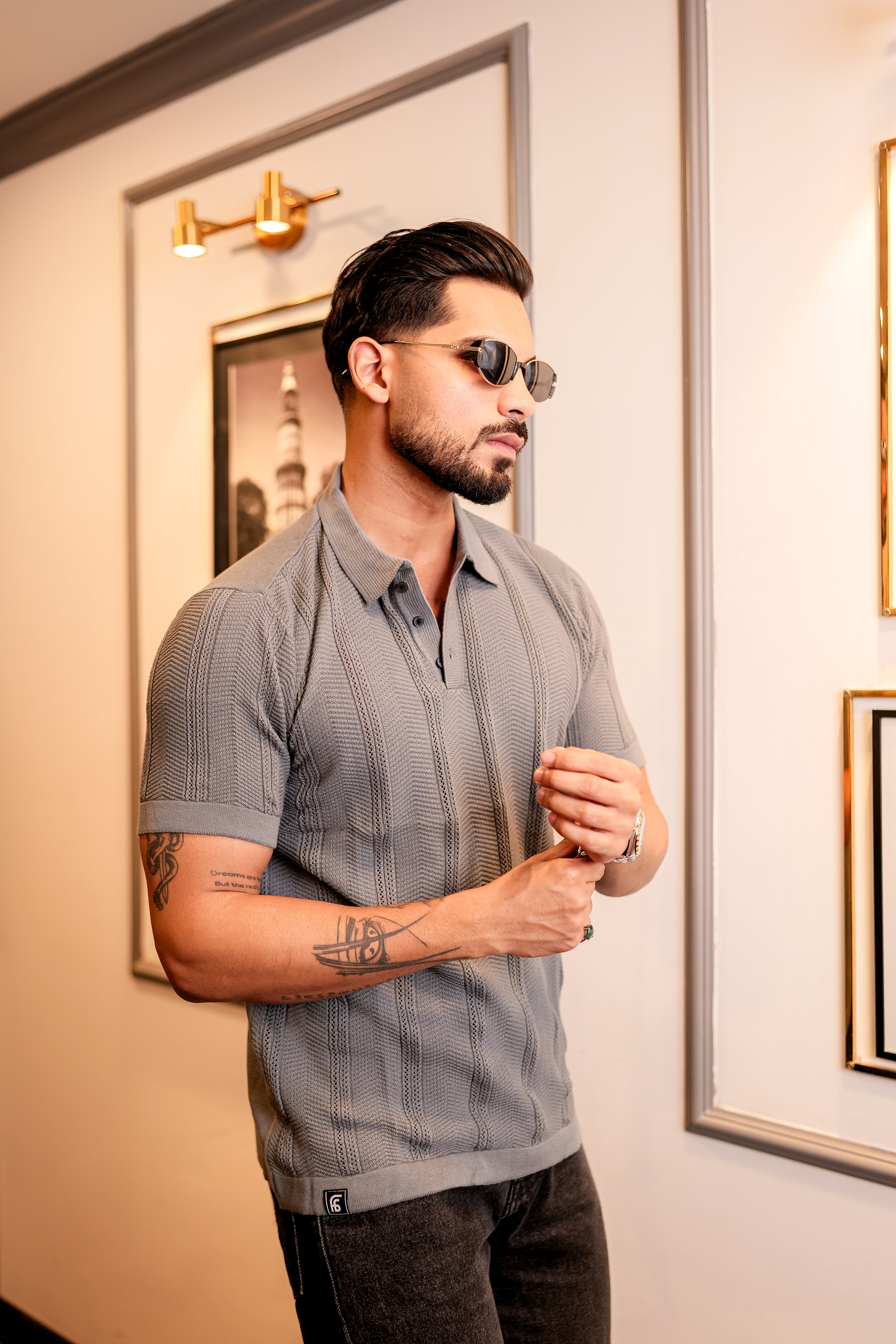 Beern Dark Grey Knitted Cotton Polo T-Shirt