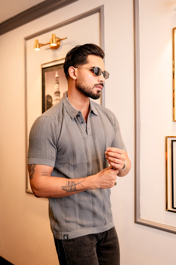 Beern Dark Grey Knitted Cotton Polo T-Shirt
