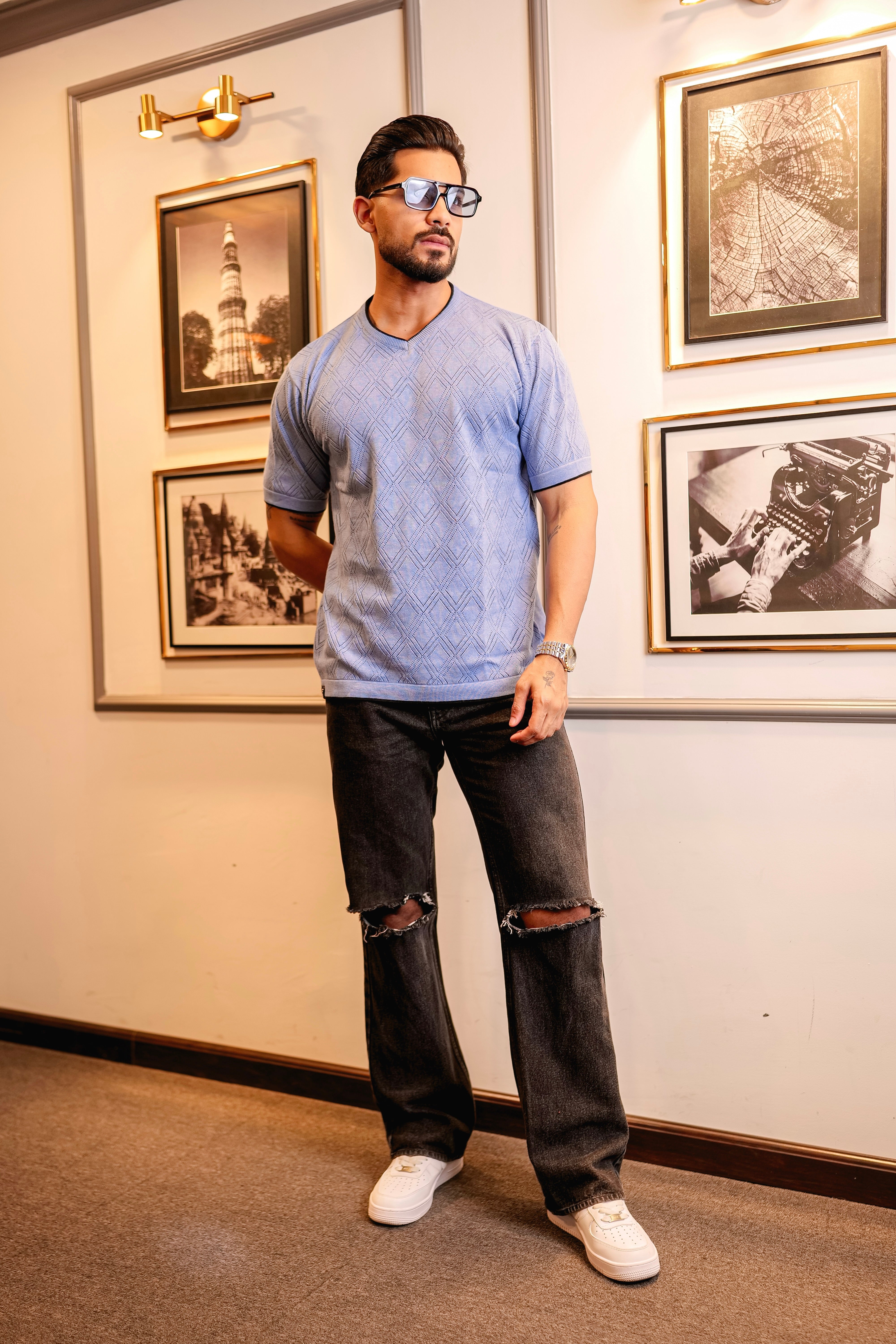 Drift Skyblue Melange Knitted Cotton T-Shirt