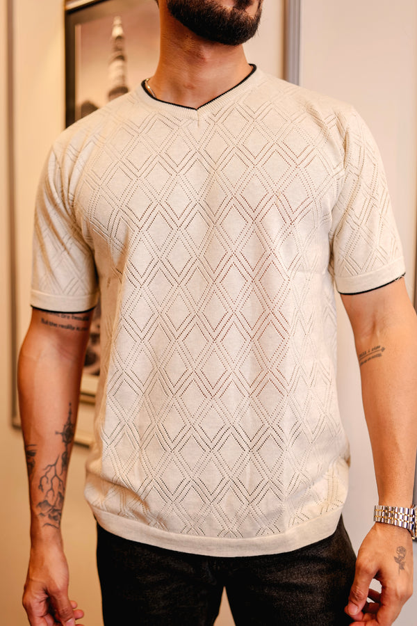 Drift Ivory Cream Melange Knitted Cotton T-Shirt