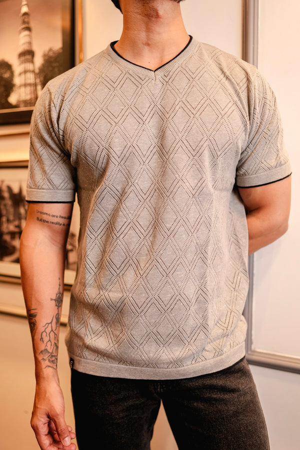 Drift Grey Melange Knitted Cotton T-Shirt