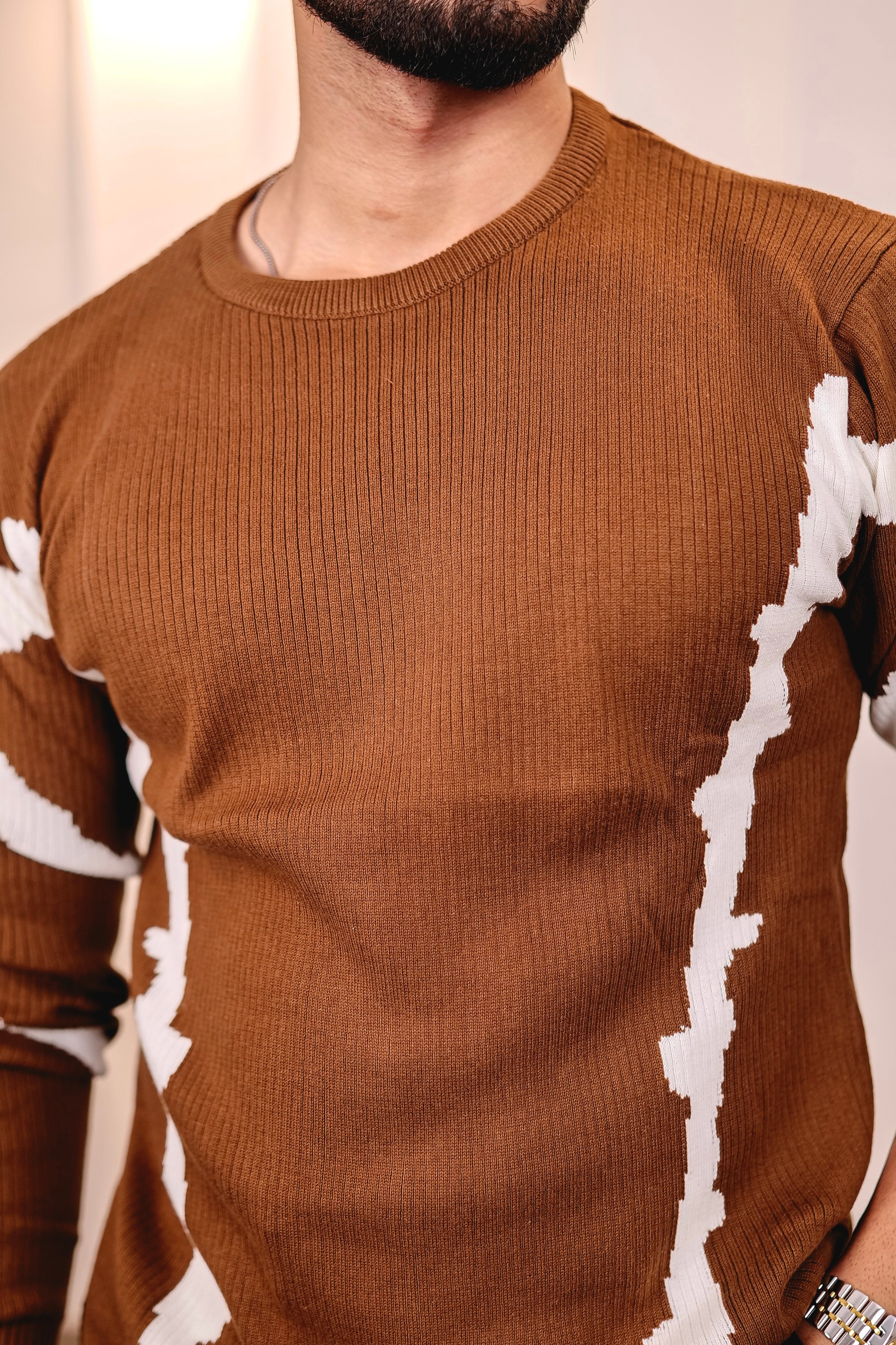 Drip Chocolate Brown With White Knitted Cotton Full Sleeves T-Shirt