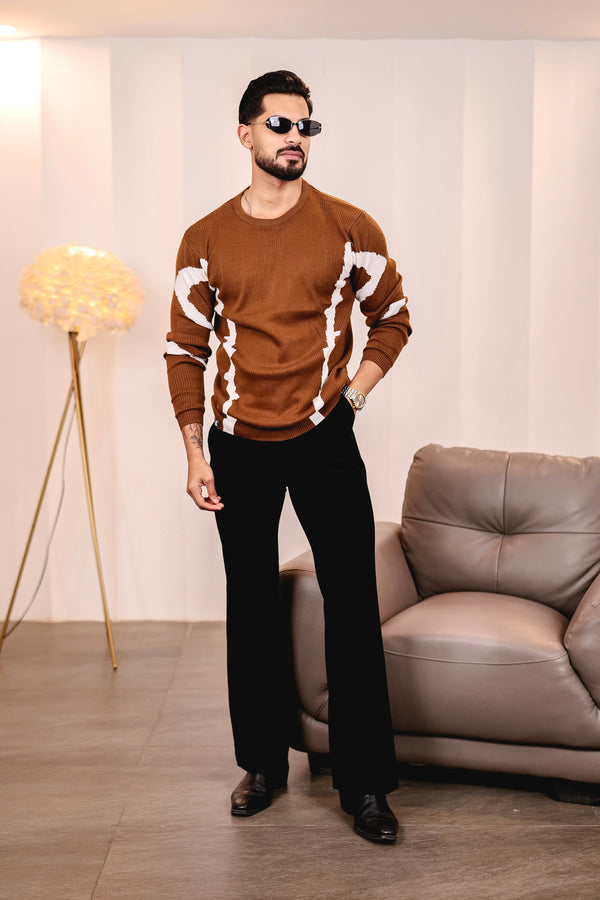 Drip Chocolate Brown With White Knitted Cotton Full Sleeves T-Shirt