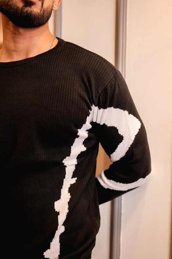Drip Black With White Knitted Cotton Full Sleeves T-Shirt