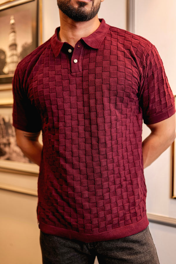 Mornik Maroon Knitted Cotton Polo T-Shirt