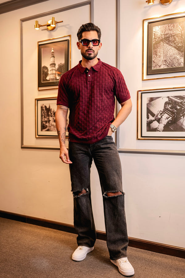 Mornik Maroon Knitted Cotton Polo T-Shirt