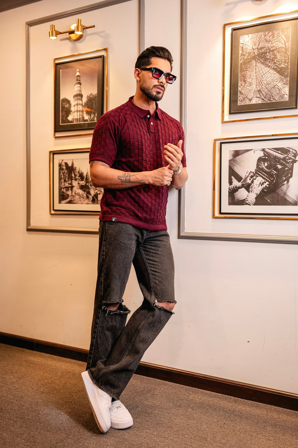 Mornik Maroon Knitted Cotton Polo T-Shirt