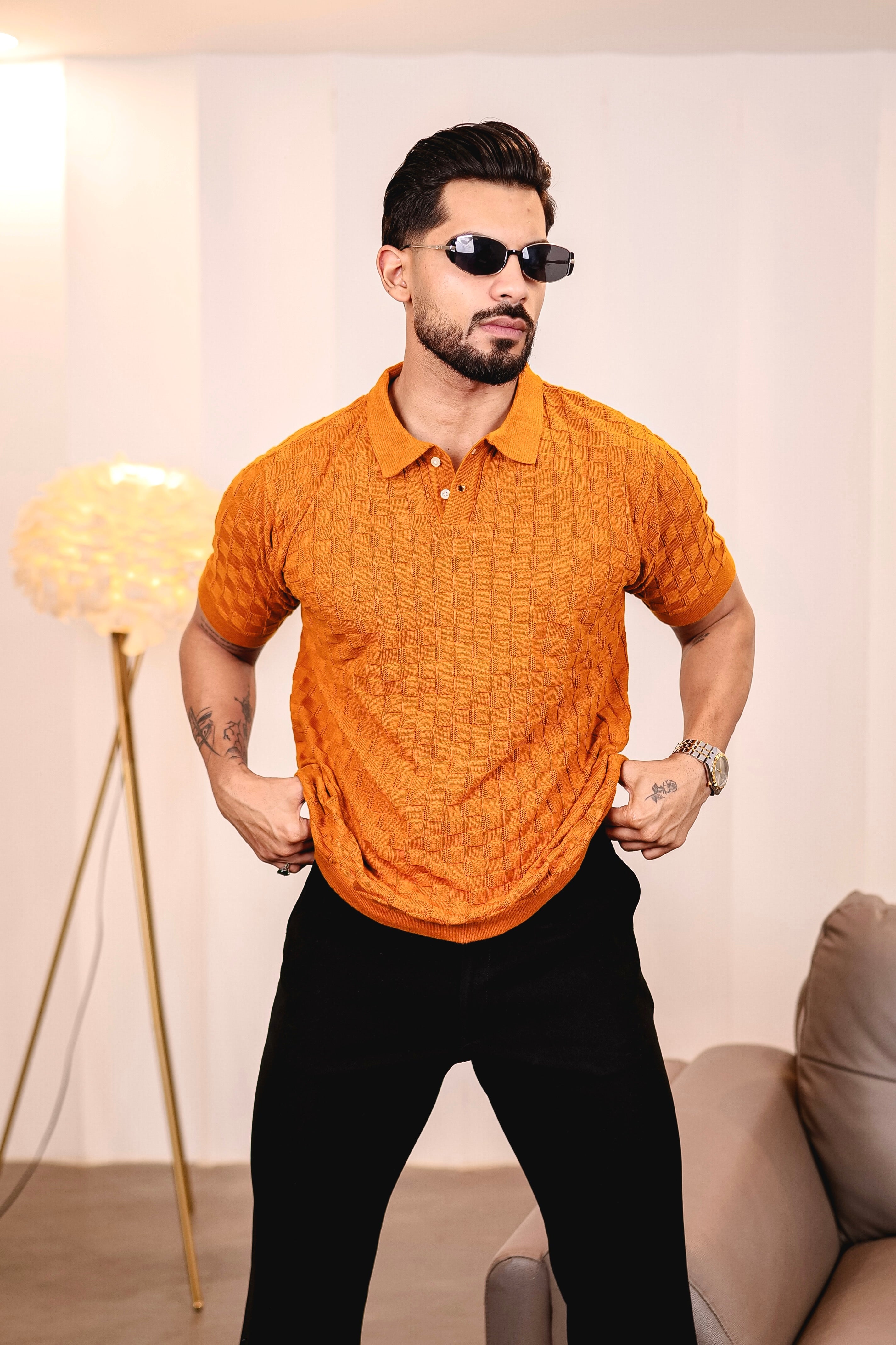 Mornik Mustard Brown Knitted Cotton Polo T-Shirt