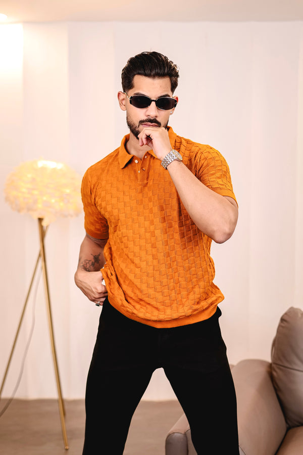 Mornik Mustard Brown Knitted Cotton Polo T-Shirt