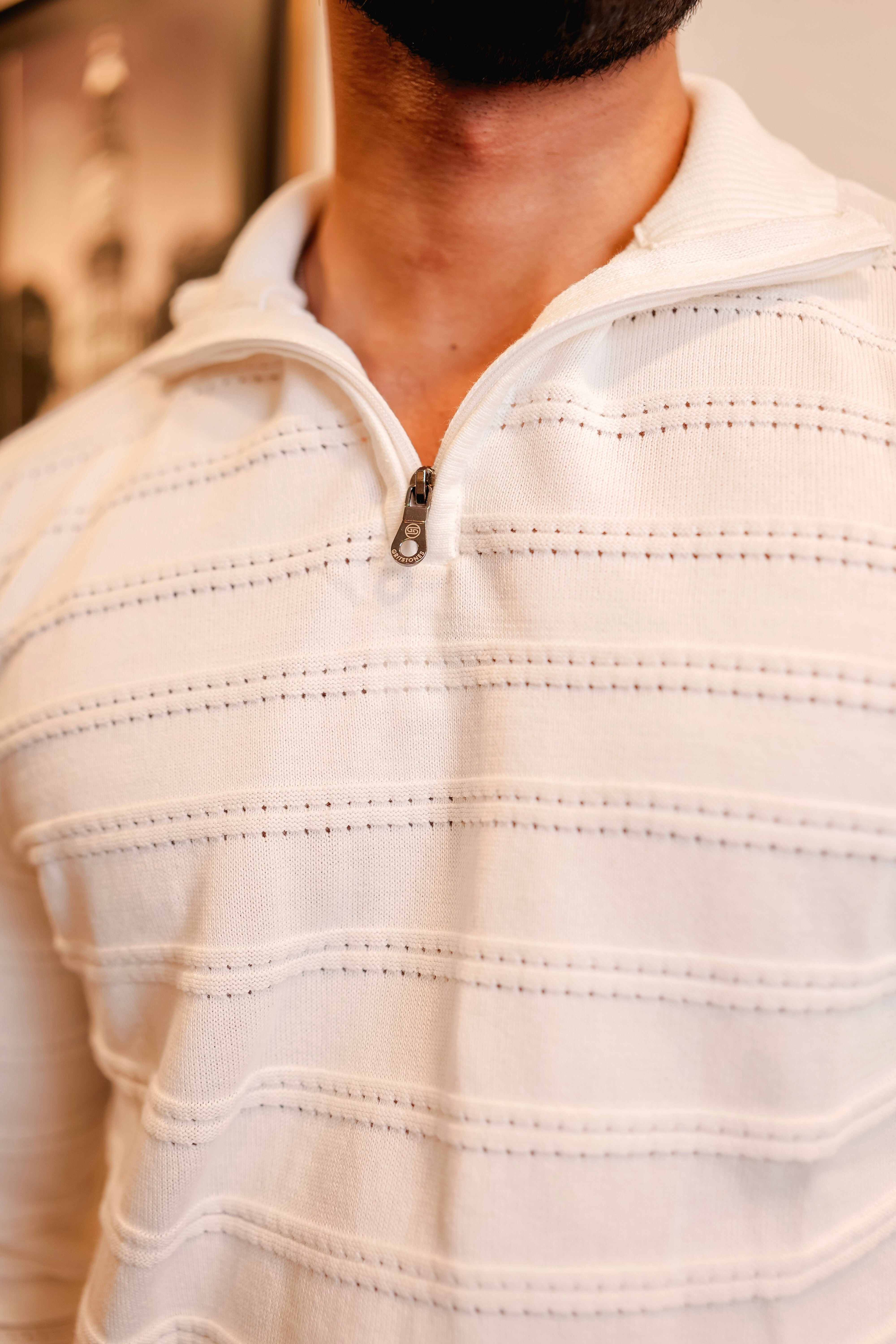 Tulips White Knitted Cotton Zipper Polo Full Sleeves T-Shirt