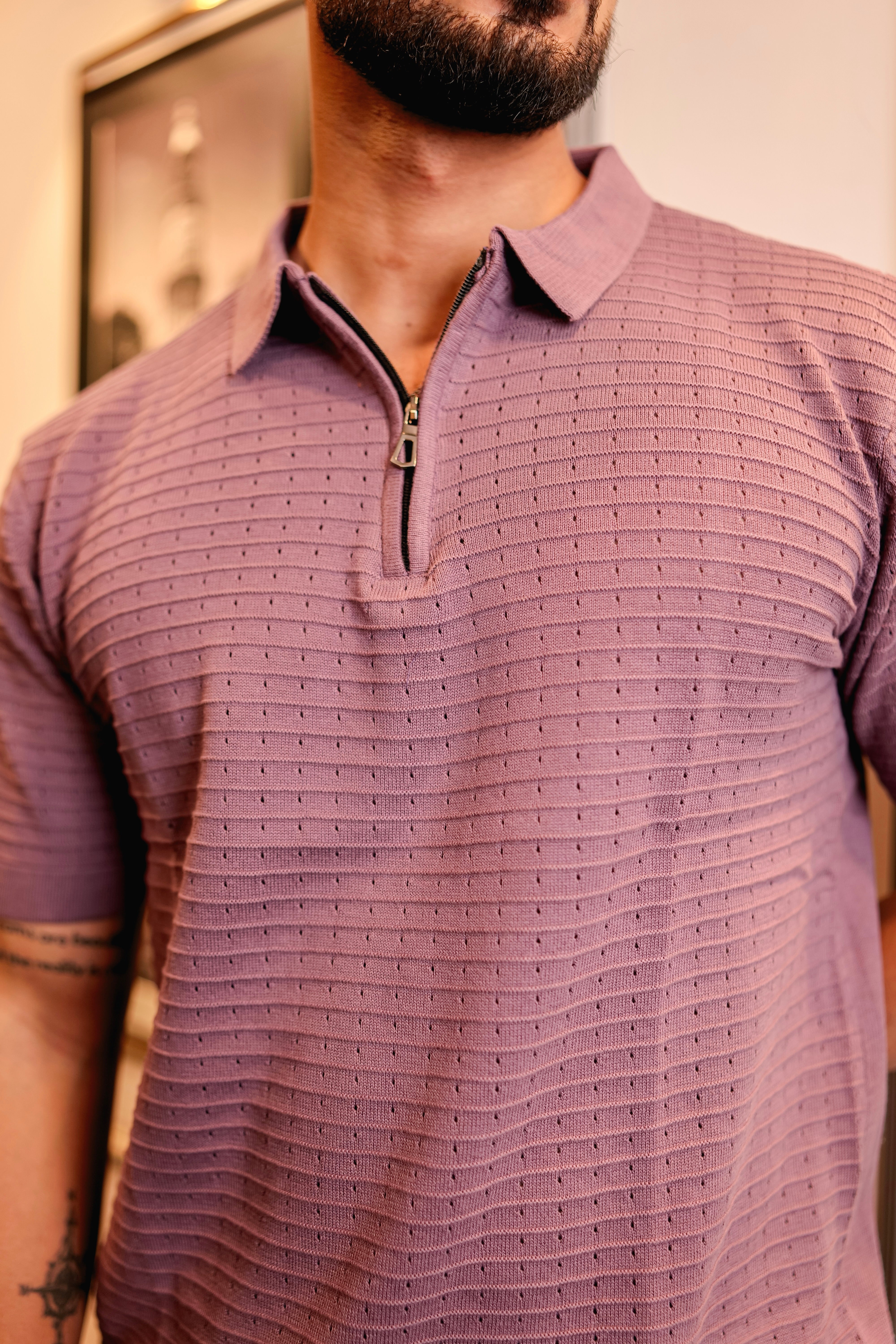 Arden Onion Purple Knitted Cotton Zipper Polo T-Shirt