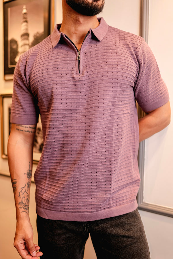 Arden Onion Purple Knitted Cotton Zipper Polo T-Shirt