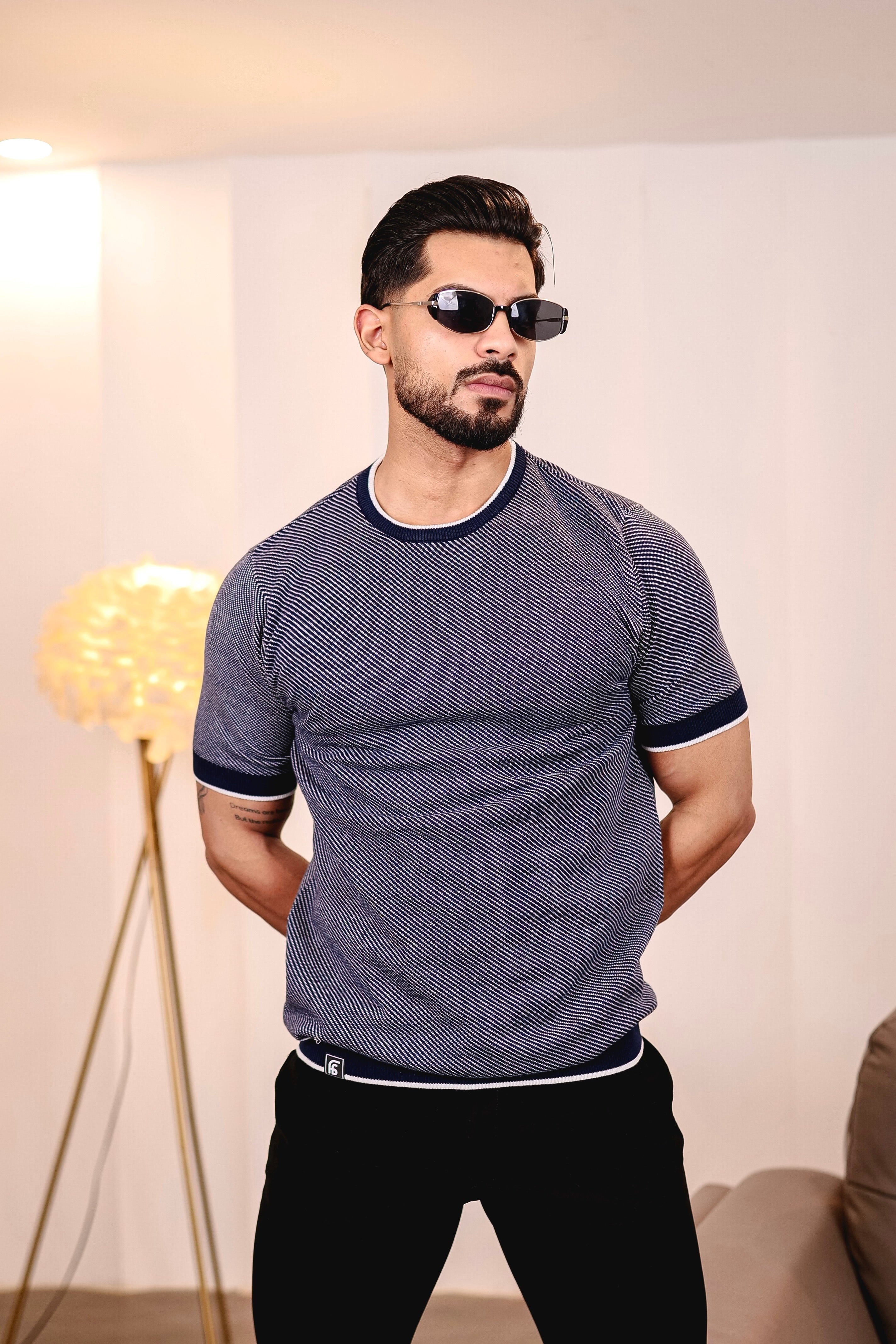 Liarko Navyblue With White Knitted Cotton T-Shirt