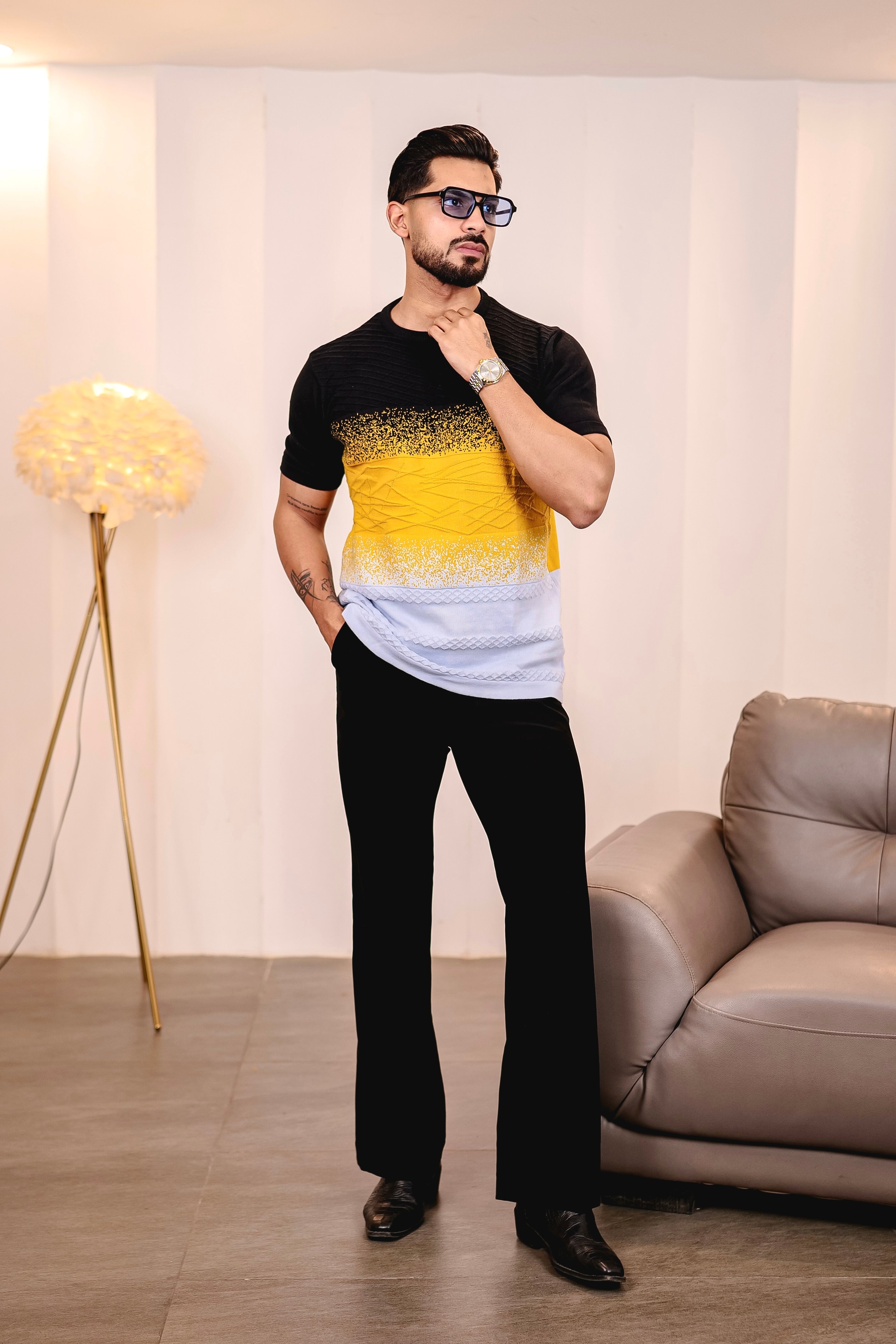 Flex Yellow Multicolour Knitted Cotton T-Shirt
