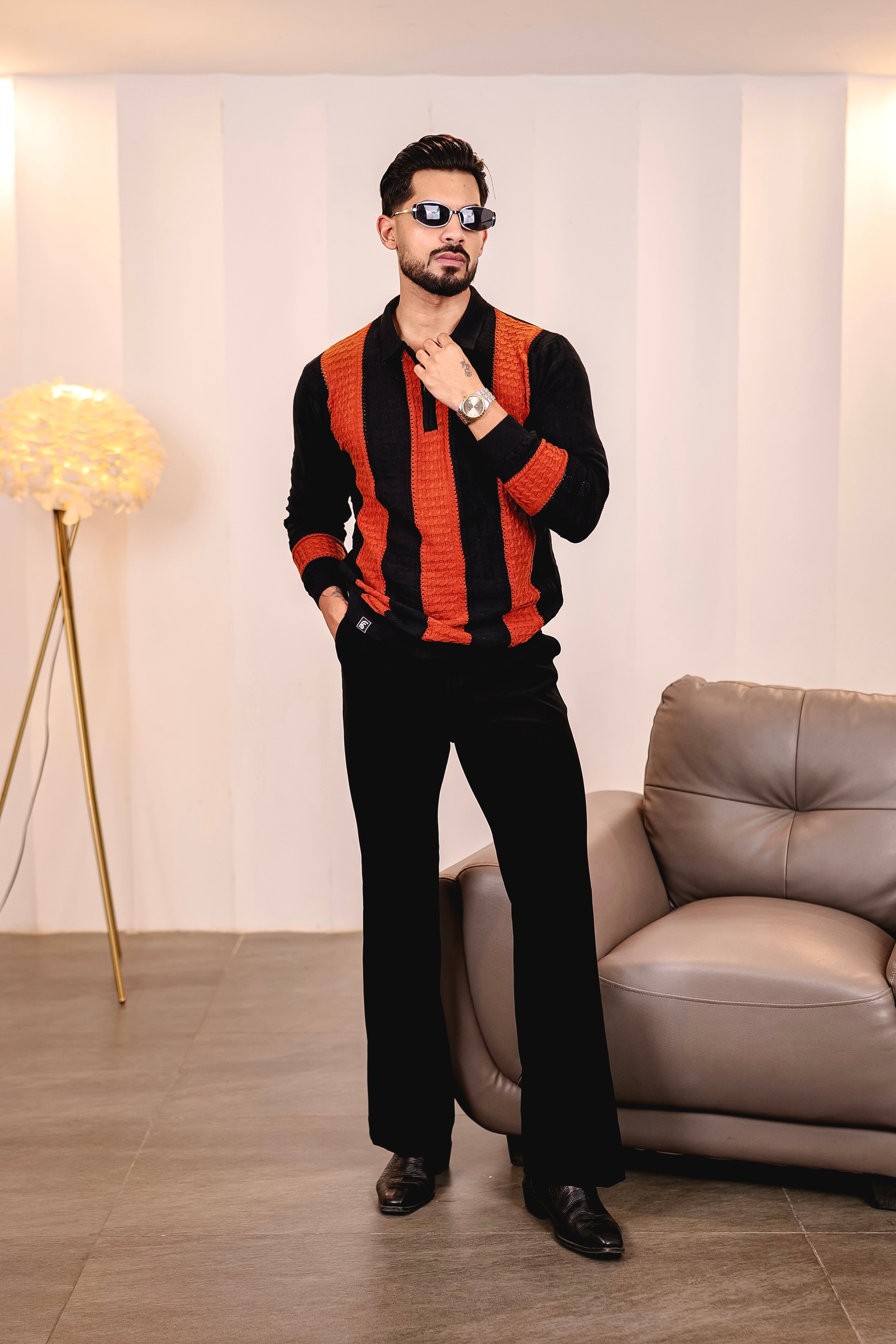 Elipsian Black Knitted Cotton Zipper Polo Full Sleeves T-Shirt