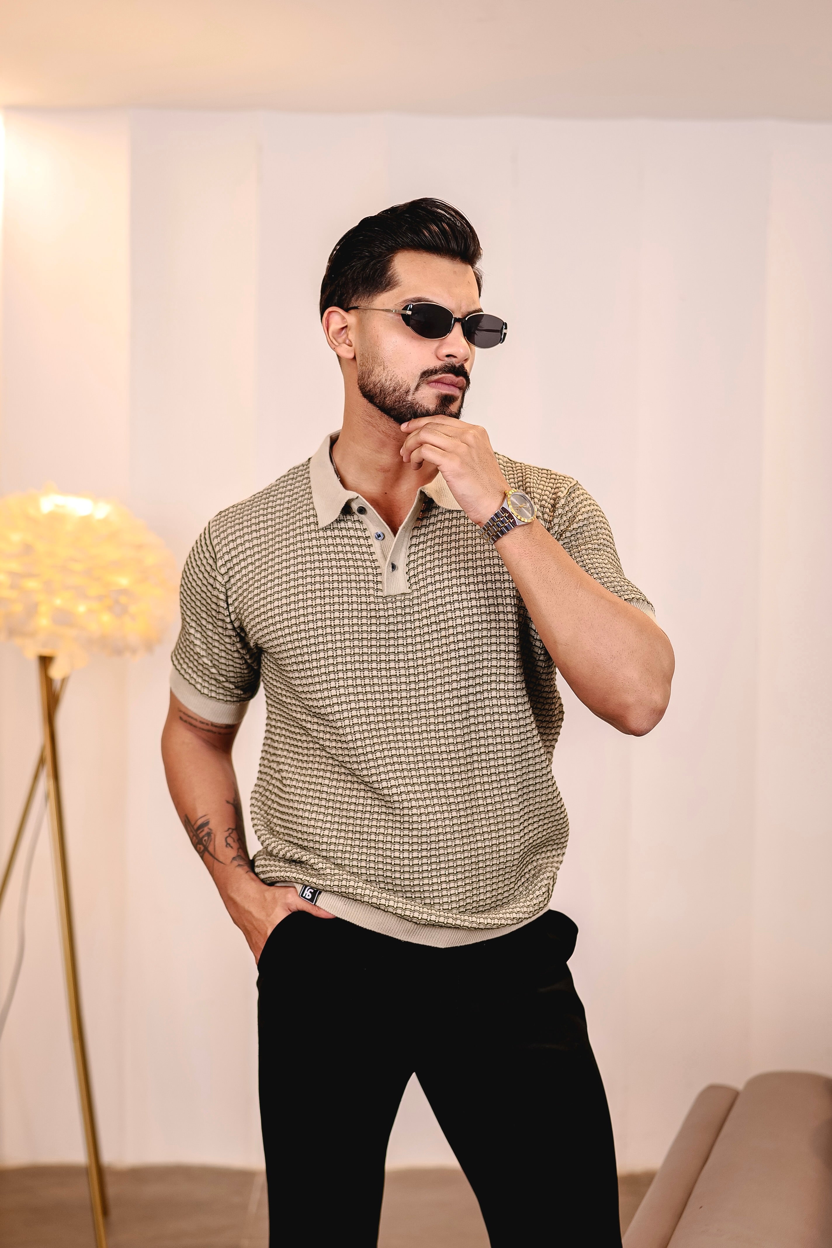 Vellin Cream With black Knitted Cotton Polo T-Shirt