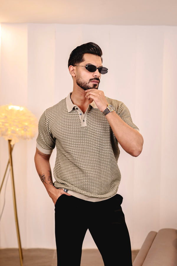 Vellin Cream With black Knitted Cotton Polo T-Shirt