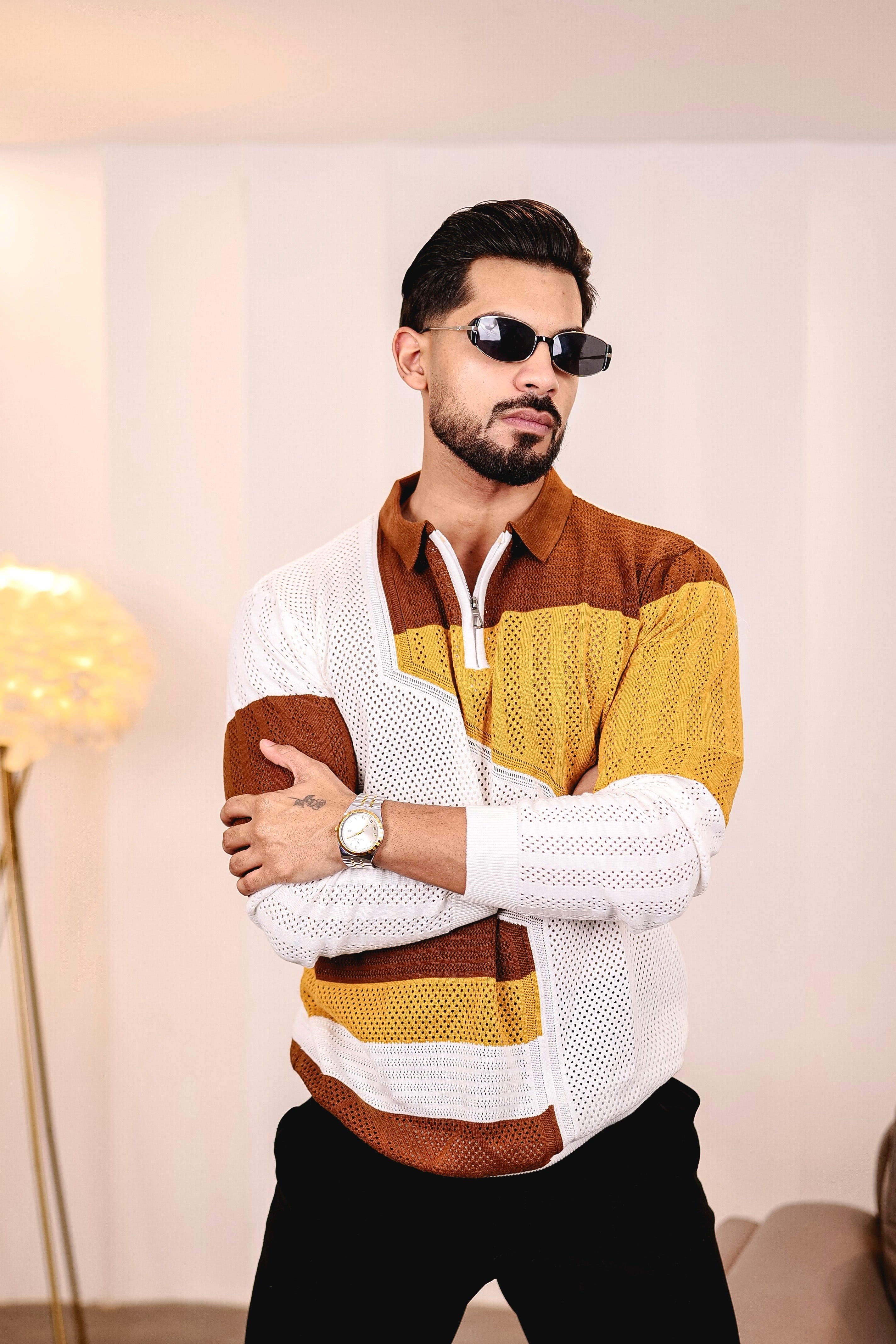 Julius Brown Multicolour Knitted Cotton Zipper Polo Full Sleeves T-Shirt