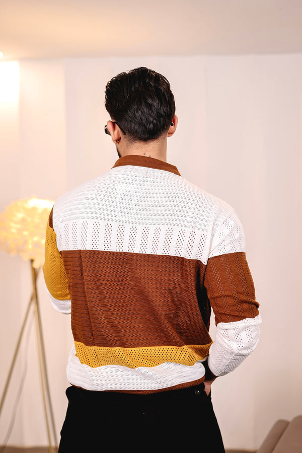 Julius Brown Multicolour Knitted Cotton Zipper Polo Full Sleeves T-Shirt