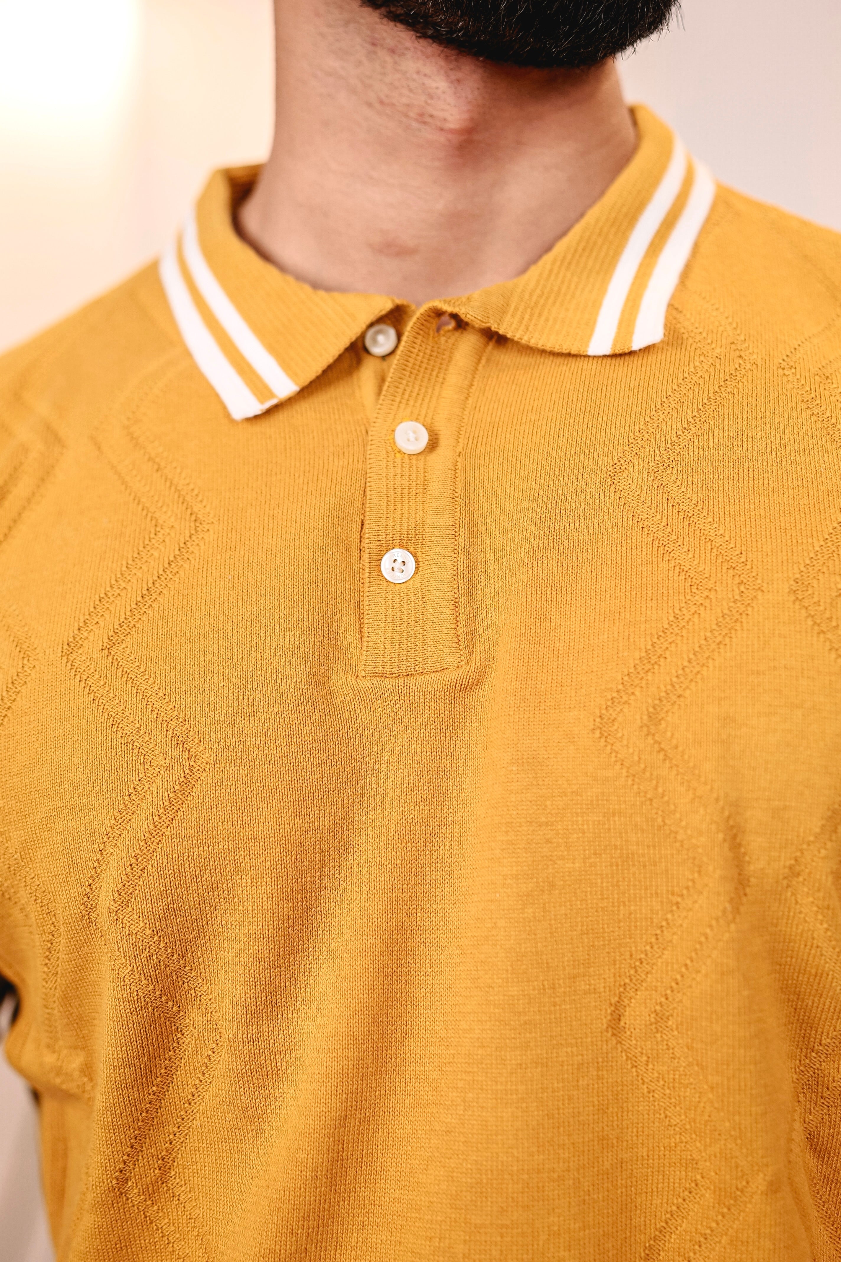 Crosian Yellow Knitted Cotton Polo T-Shirt