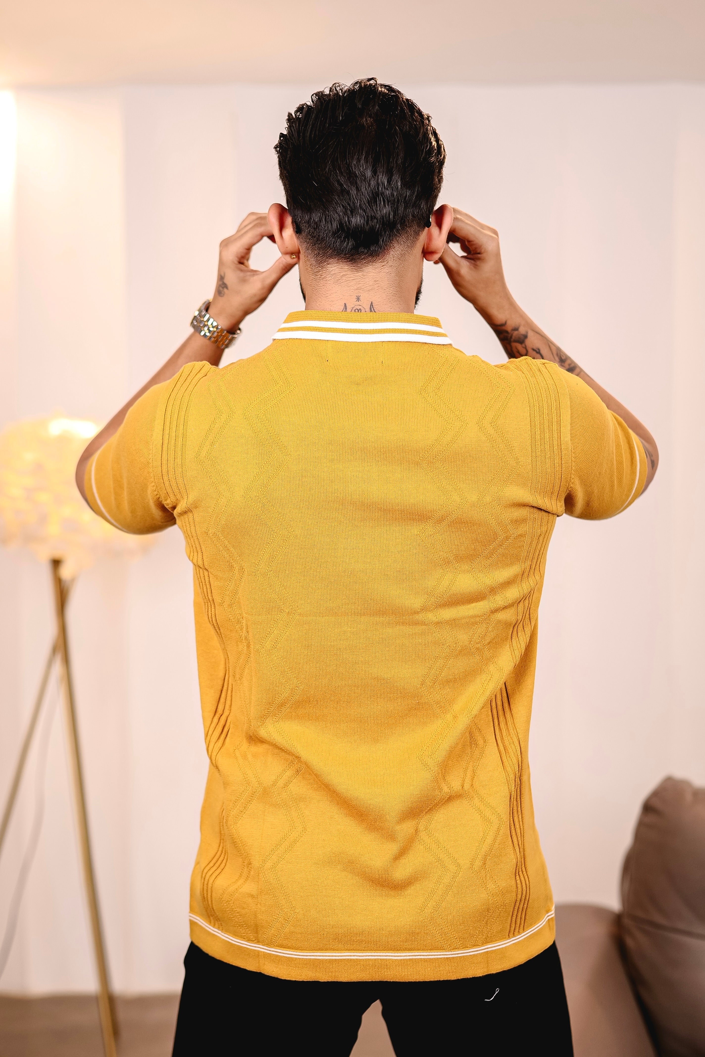 Crosian Yellow Knitted Cotton Polo T-Shirt