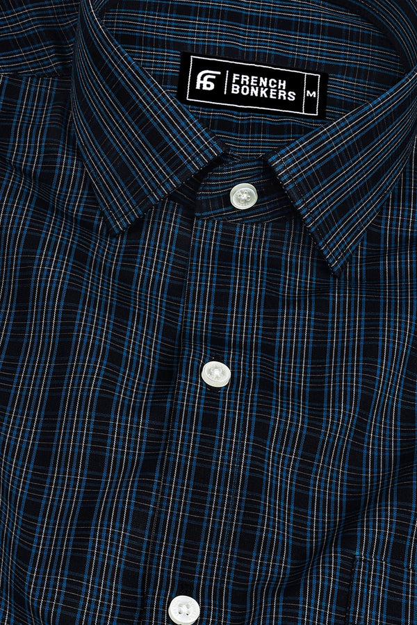 Black with cream and blue line check shirt