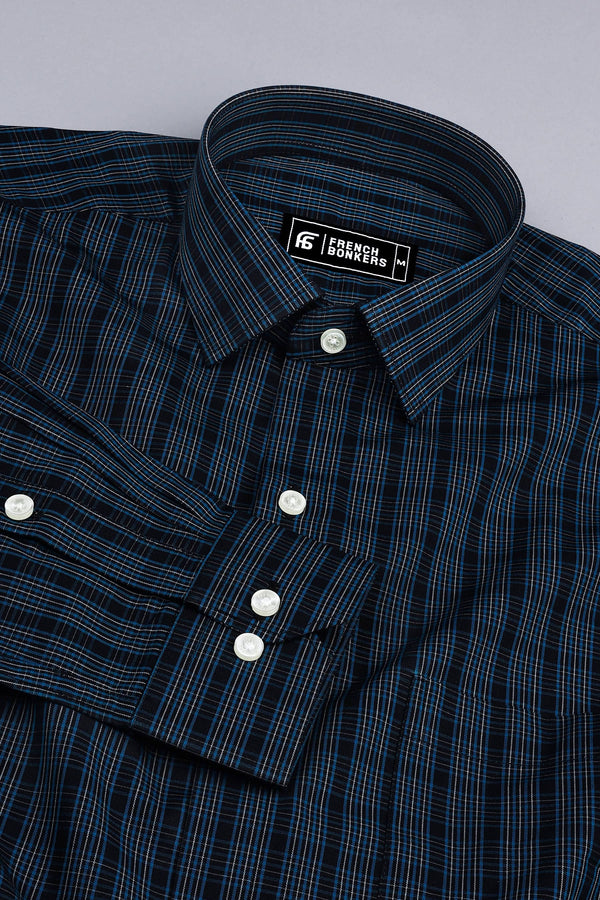 Black with cream and blue line check shirt
