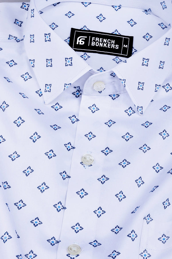 Floral white with blue printed cotton shirt