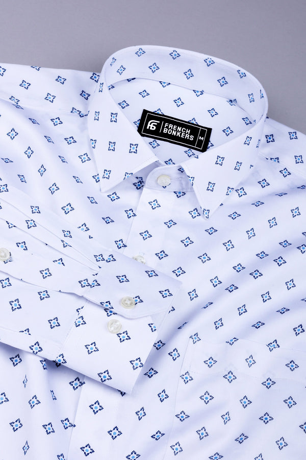 Floral white with blue printed cotton shirt