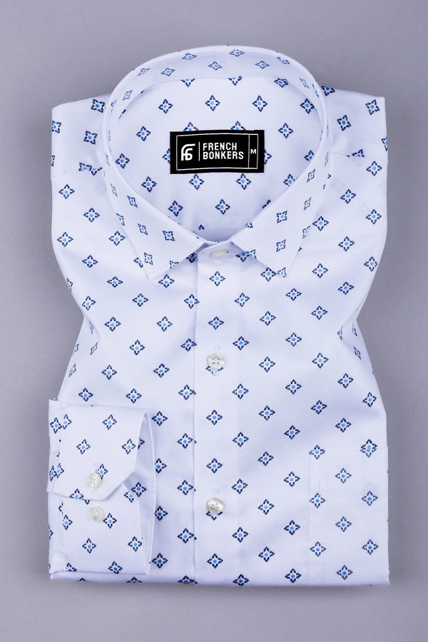Floral white with blue printed cotton shirt