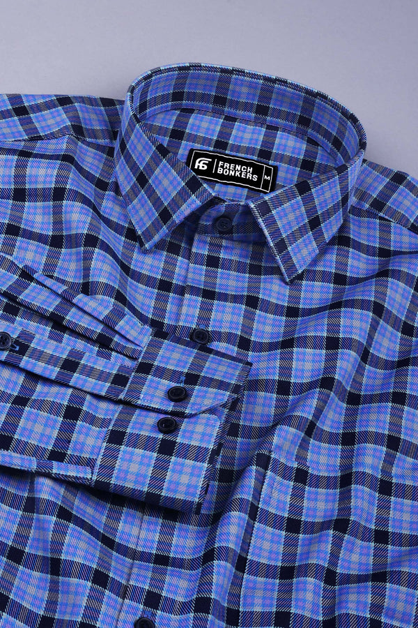 Blue with purple tartan plaid check cotton shirt