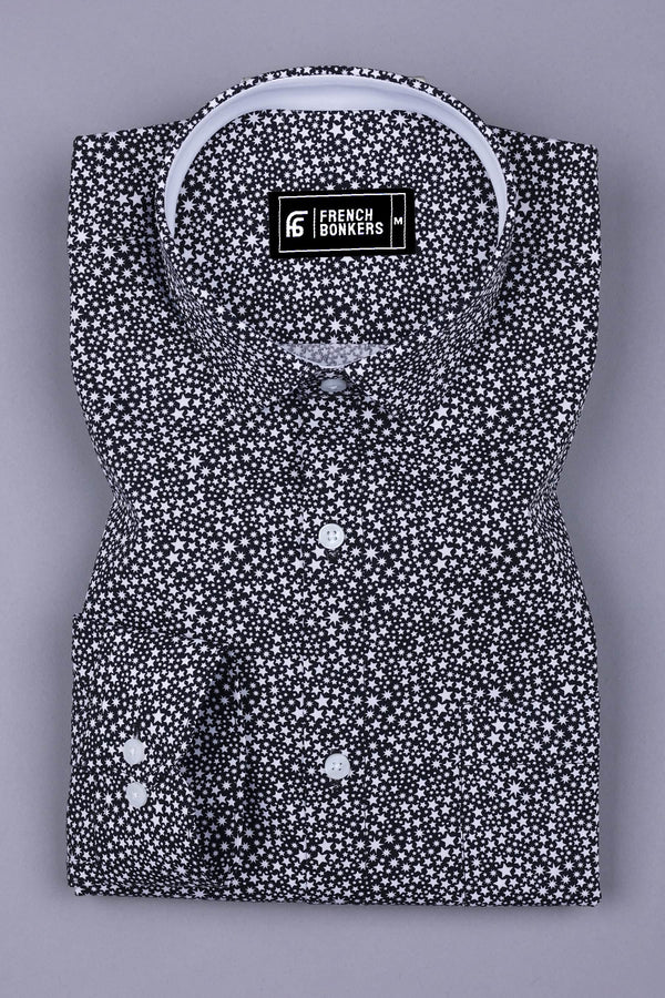 Black With White Star Printed Cotton Shirt