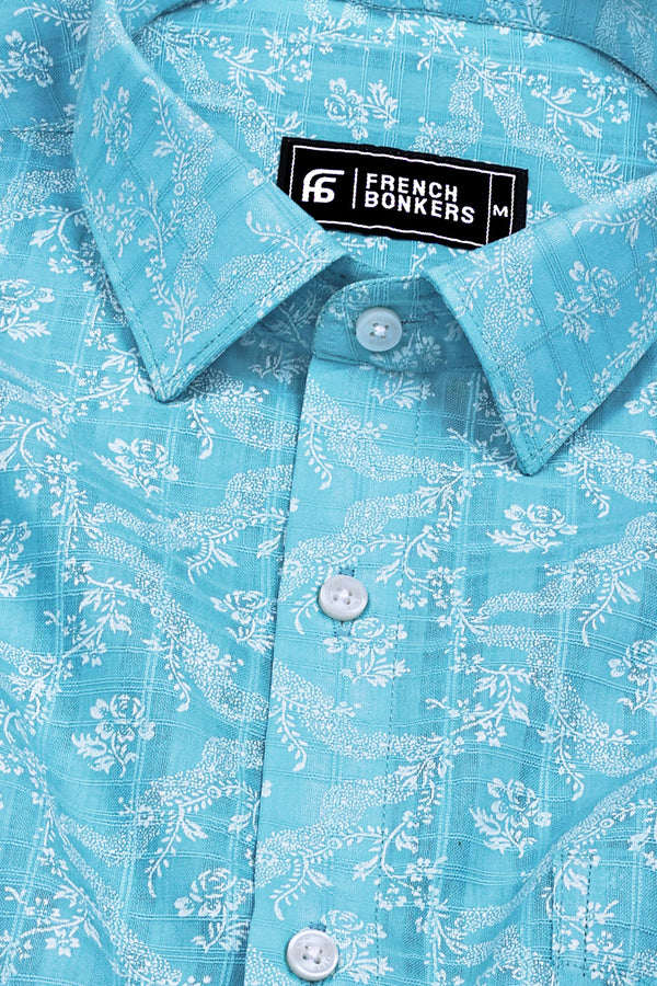 Sky Blue With White Floral printed Cotton Shirt