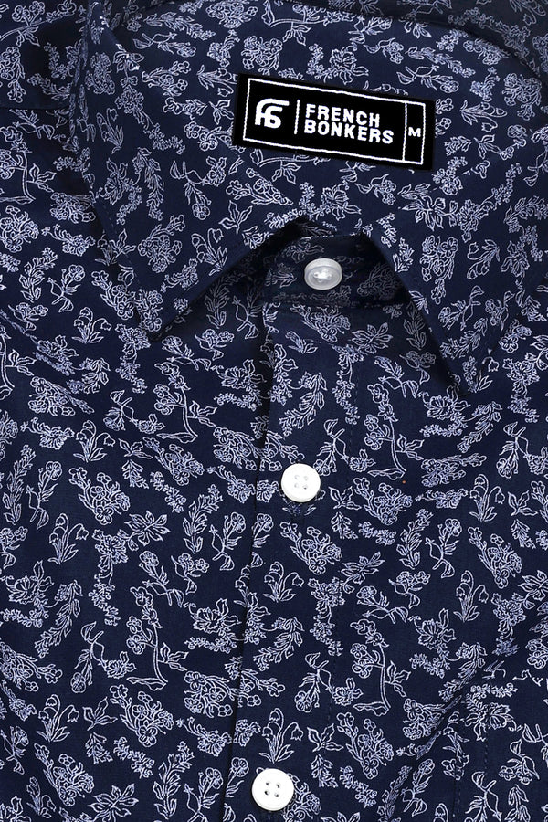 Blue With White Floral Printed Cotton Shirt