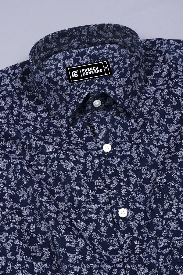 Blue With White Floral Printed Cotton Shirt