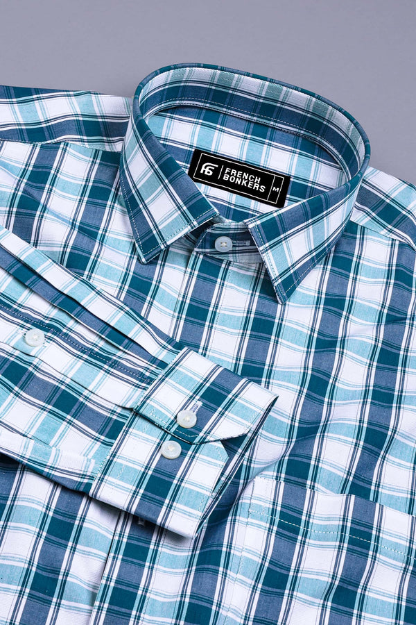 Teal Blue with White Check Cotton Shirt