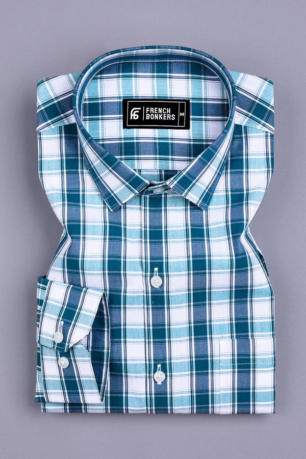 Teal Blue with White Check Cotton Shirt