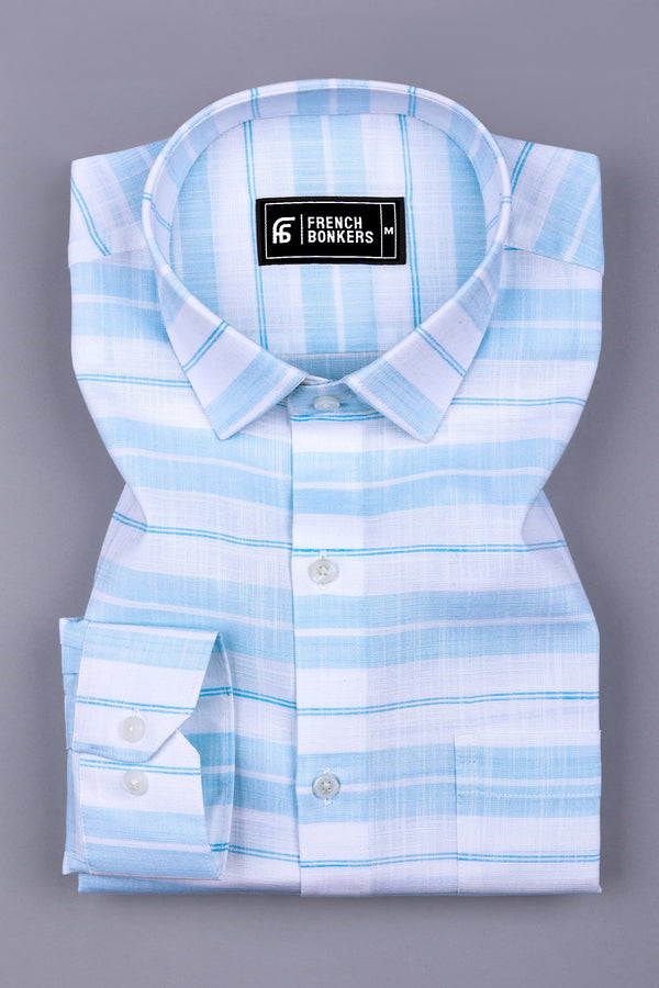 Sea Blue With White Stripe Amsler Cotton  Shirt